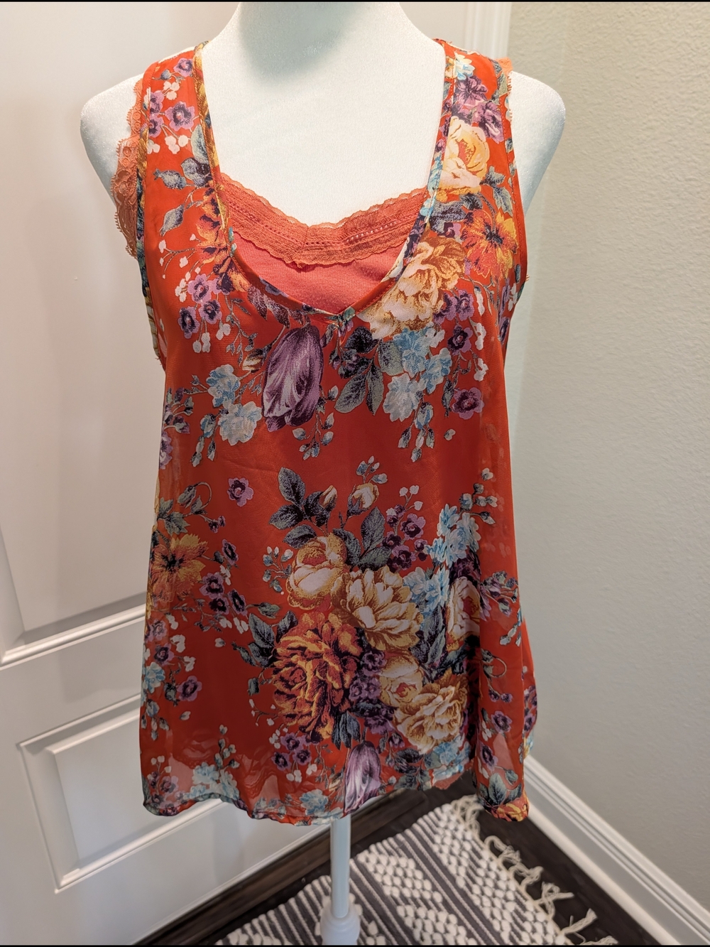 Eyeshadow Orange Floral 2 Piece Lace-Trim Camisole